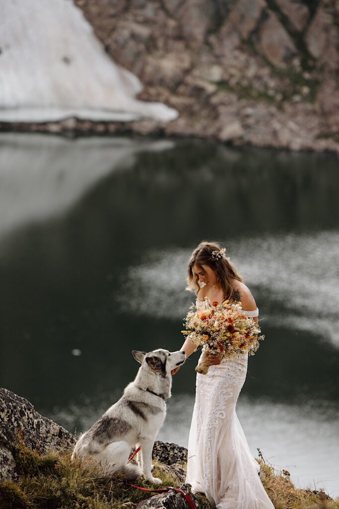 Bride stands on cliff with large colorful bouquet of flowers with her husky during wedding portraits in Colorado.