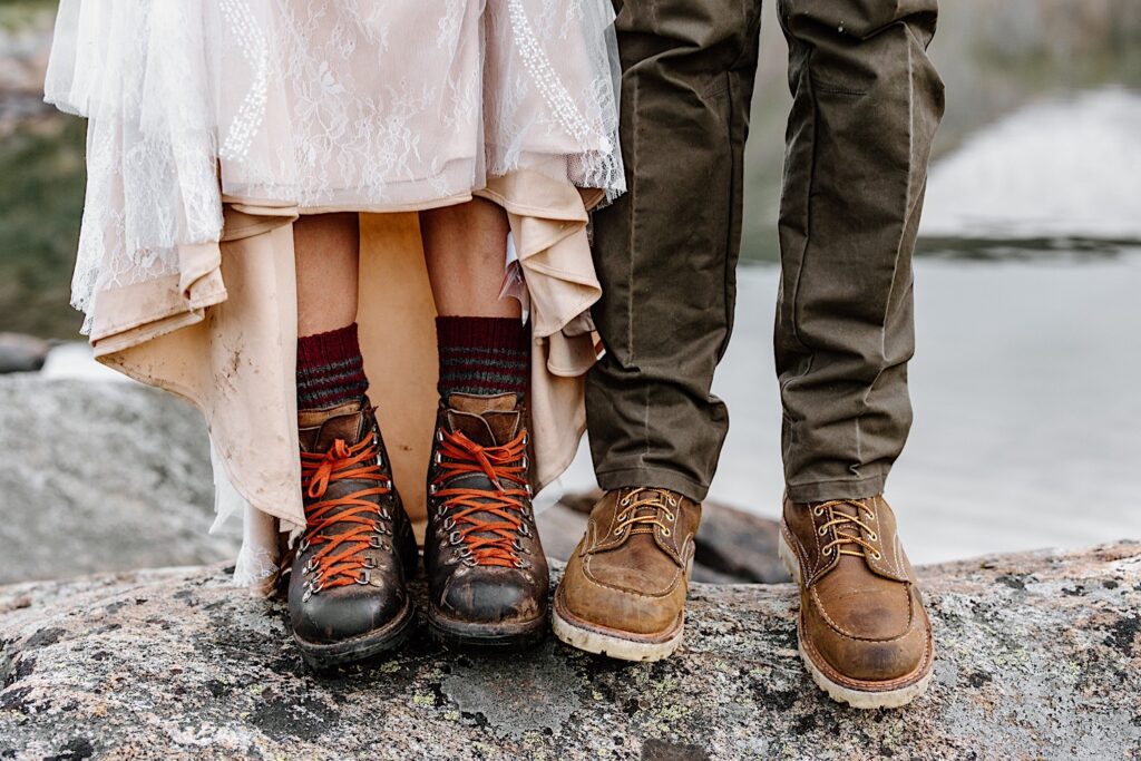 Colorado Elopement Photographer captures the bride and groom in their hiking boots.