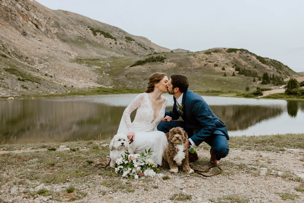 Bride and groom squat and kiss while holding their dogs with a beautiful mountain side in the background. 